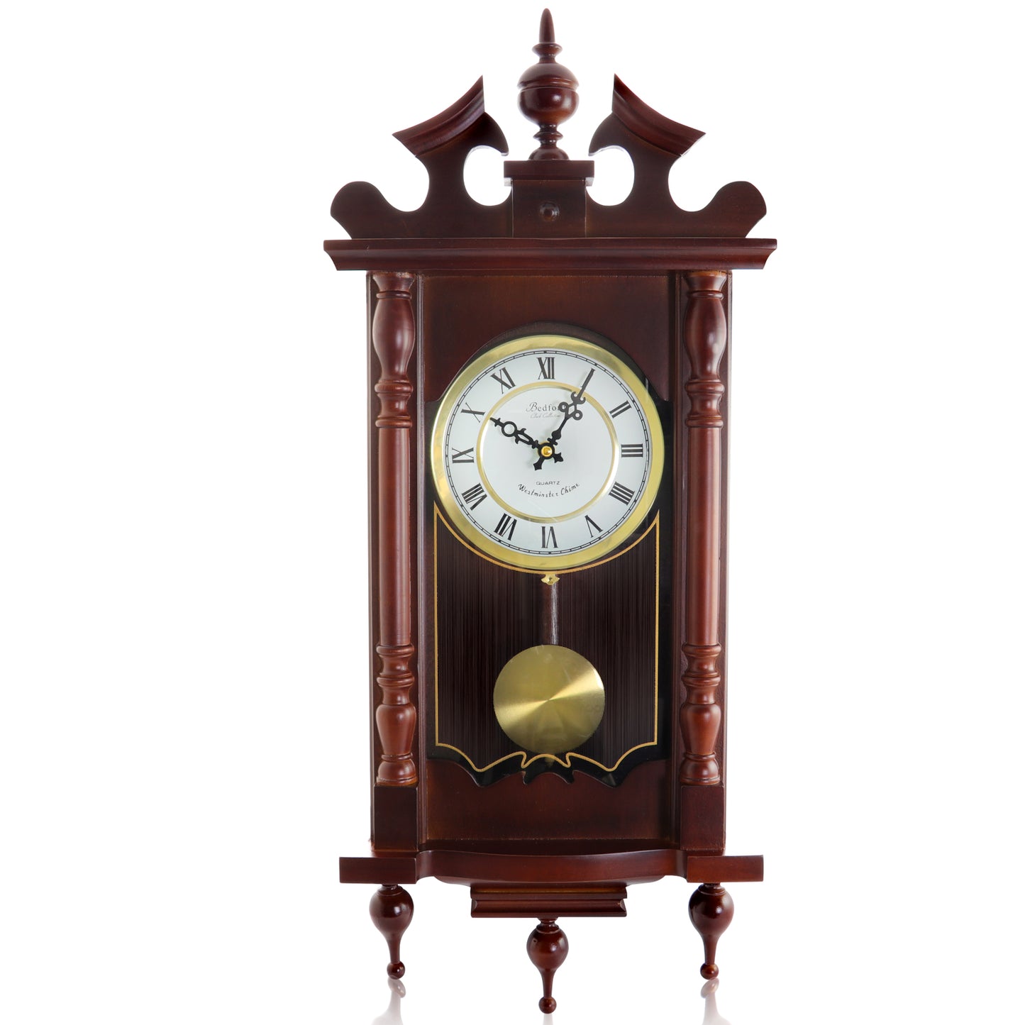 Bedford 31" Wall Clock in Cherry Oak Wood Finish with Pendulum and Hourly Chimes