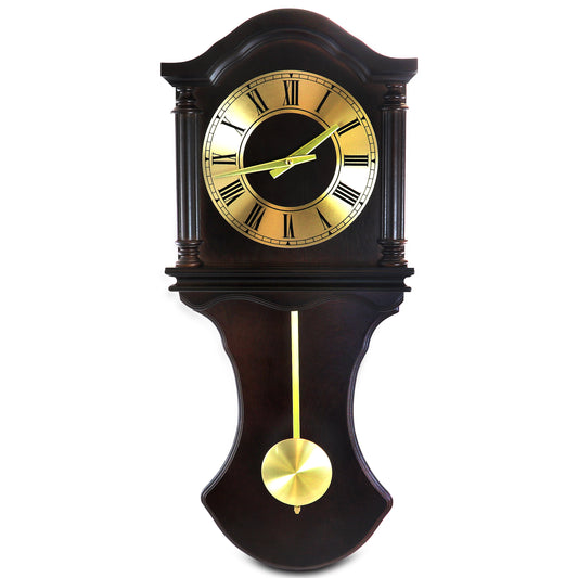 Bedford 27.5" Wall Clock in Chocolate Brown Oak Wood Finish w Pendulum 4 Chimes