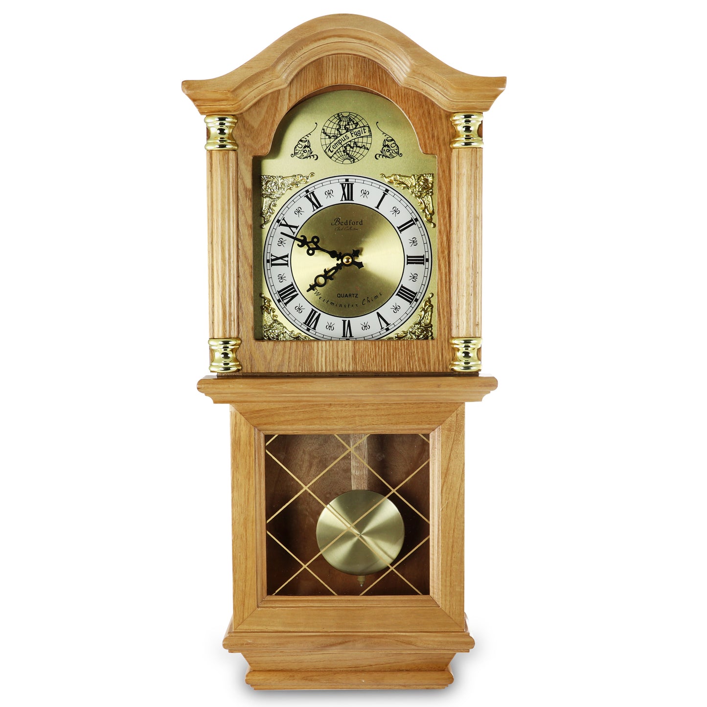 Bedford 26" Wall Clock in Golden Oak Wood Finish w 4 Chimes & Swinging Pendulum