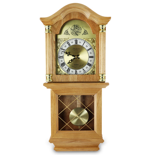 Bedford 26" Wall Clock in Golden Oak Wood Finish w 4 Chimes & Swinging Pendulum