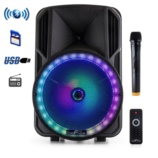 beFree 12" Portable Bluetooth PA DJ Party Speaker w Lights Microphone USB FM TF