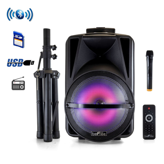beFree 12" Portable Bluetooth PA DJ Party Speaker w Tripod Stand Lights MIC USB