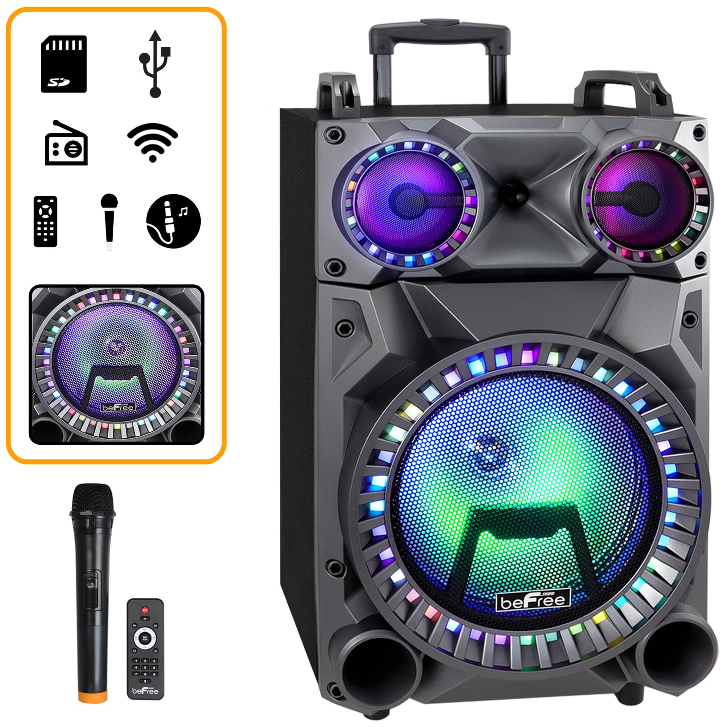 beFree 12” Bluetooth Portable PA DJ Party Speaker -555X w Lights Mic USB TF FM