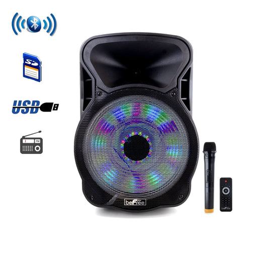 beFree 1500W Portable 15" Bluetooth PA DJ Party Speaker w Lights USB MIC Remote