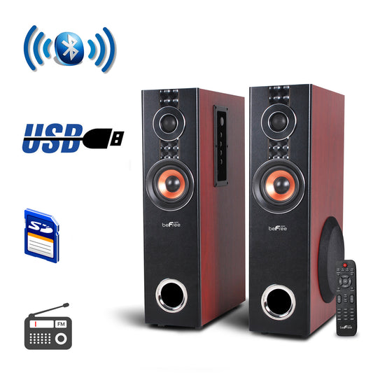 beFree 2.1 Ch Dual Wood Tower Speakers w Remote Bluetooth USB SD Optical Input