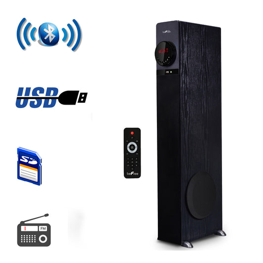 beFree Powered Bluetooth 44" Tower Speaker w Phone Dock USB SD FM Radio Remote