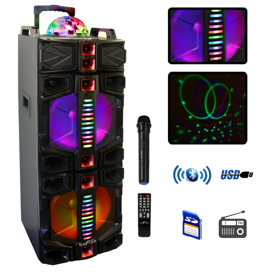 beFree Dual 12" Subwoofer Portable Bluetooth PA DJ Party Speaker w Lights Mic