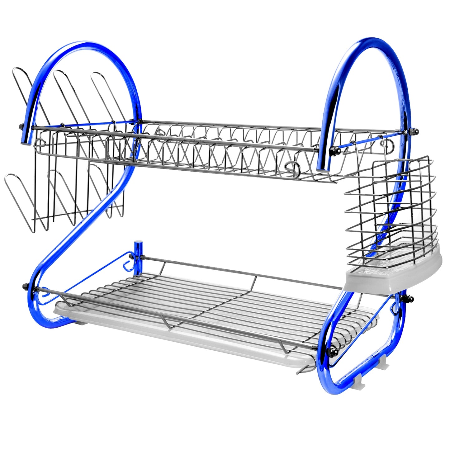 MegaChef Blue 16" Iron Wire Two Shelf Dish Drying Rack with Plastic Drain Tray