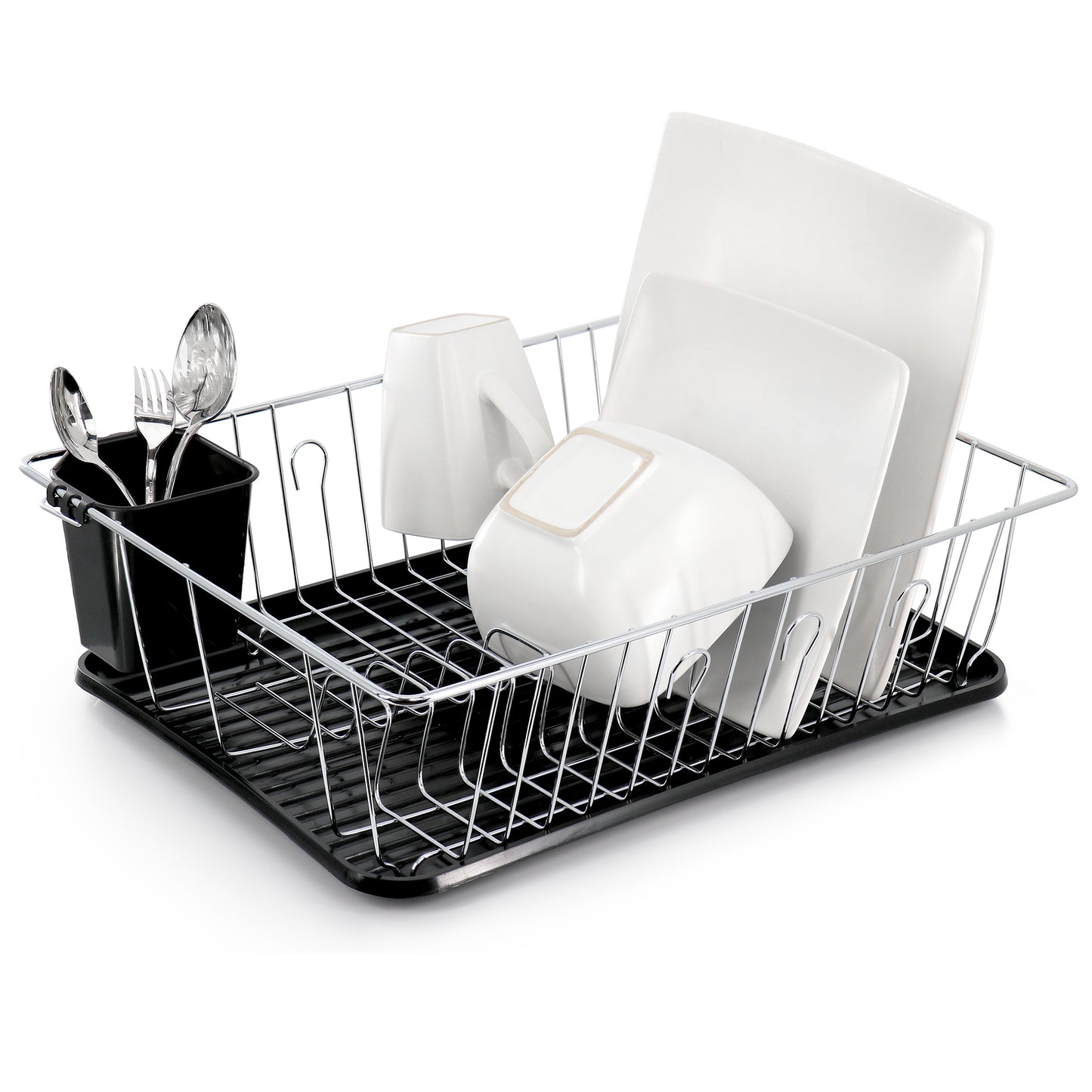 Megachef 16" Black Plastic & Chrome Plated Counter Dish Drying Rack & Drain Tray