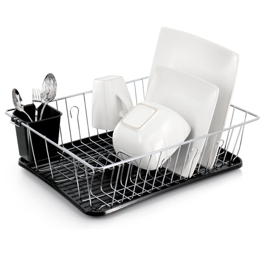 Megachef 16" Black Plastic & Chrome Plated Counter Dish Drying Rack & Drain Tray