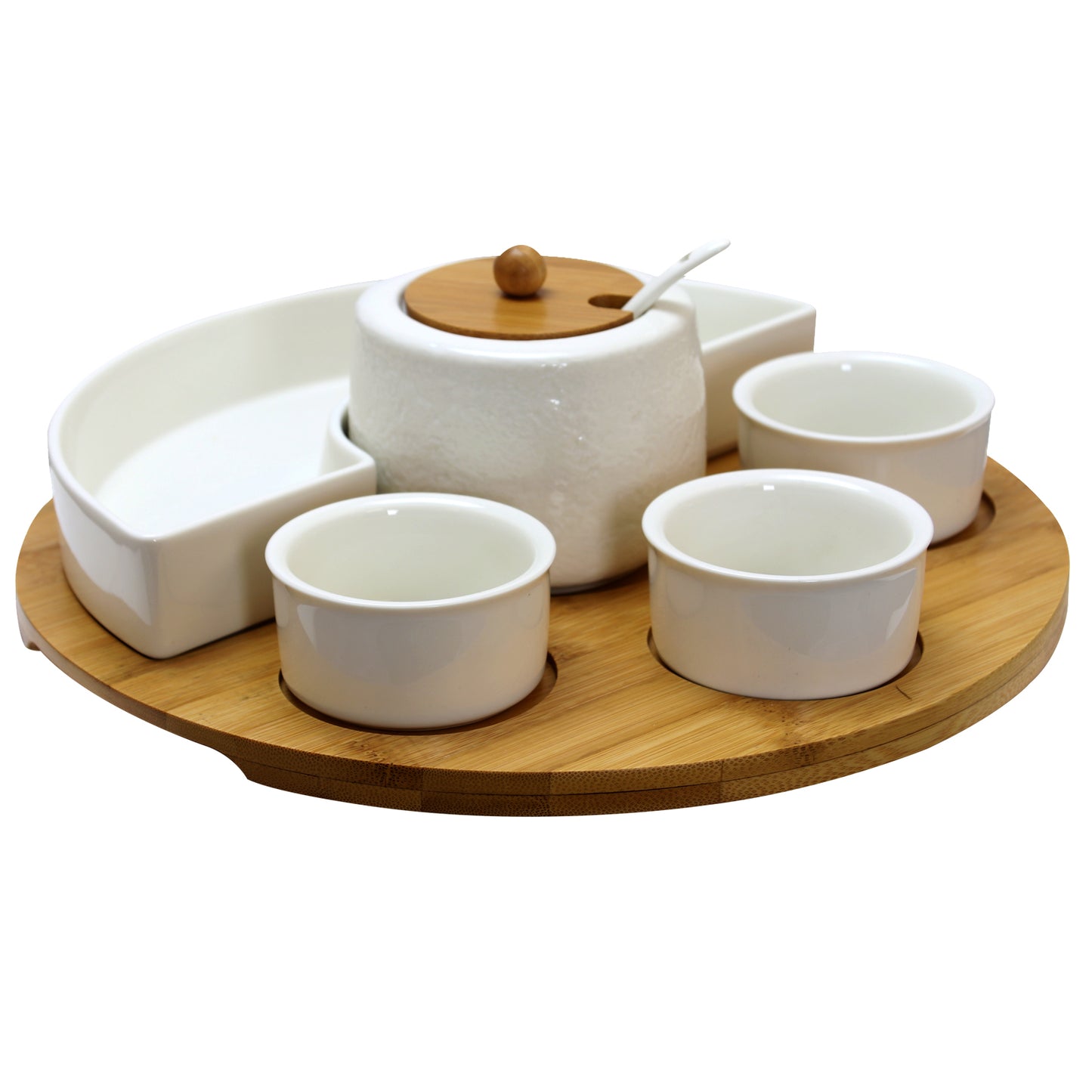 Elama 8 pc Appetizer Set w 4 Dishes Center Condiment Server Spoon & Bamboo Tray