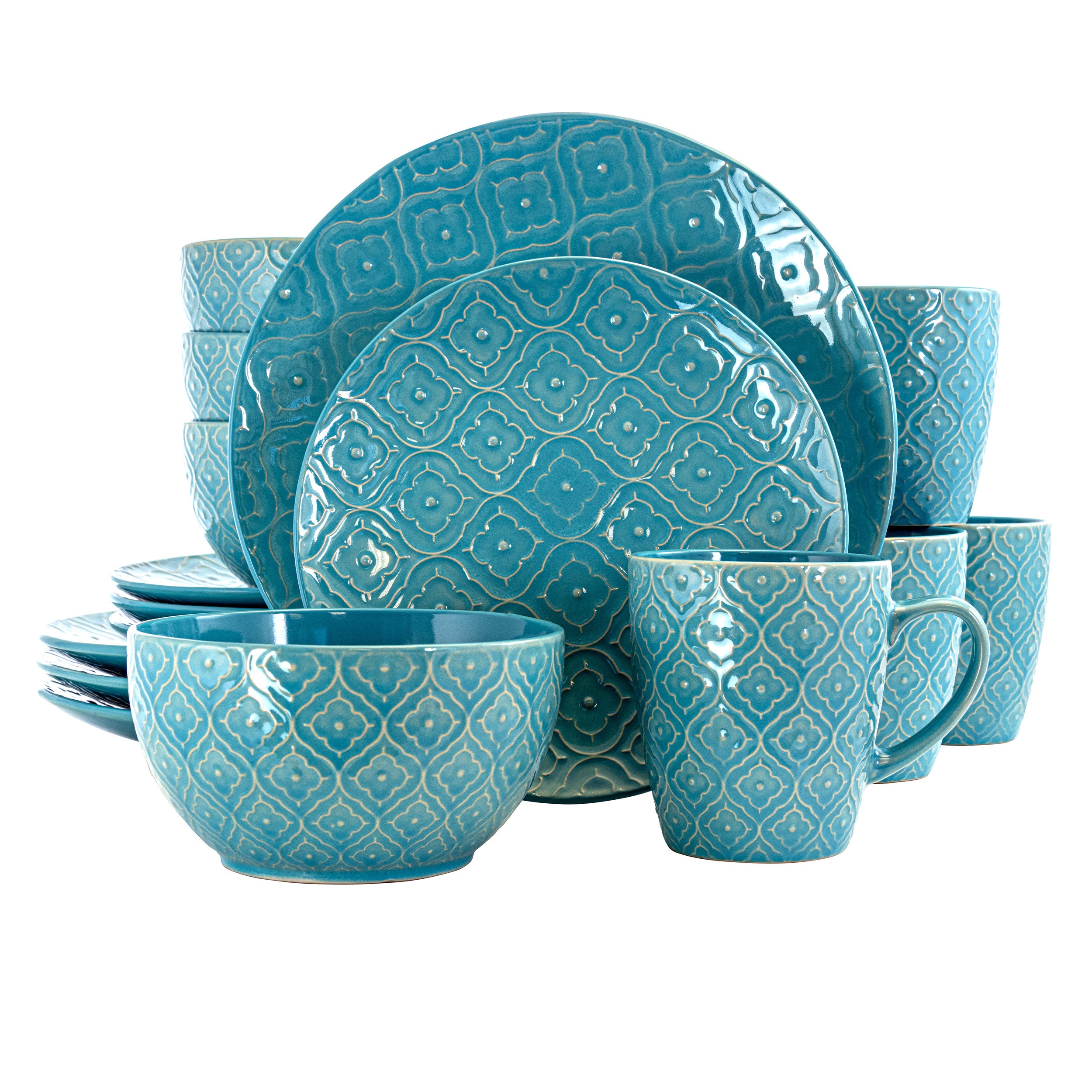 Elama Aqua Lily 16 Piece Luxurious Stoneware Dinnerware w Complete Set ...