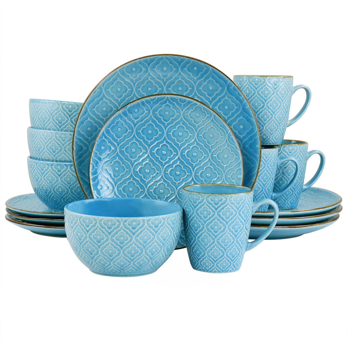 Elama Aqualite 16 Piece Teal Embossed & Glazed Stoneware Complete Dinnerware Set