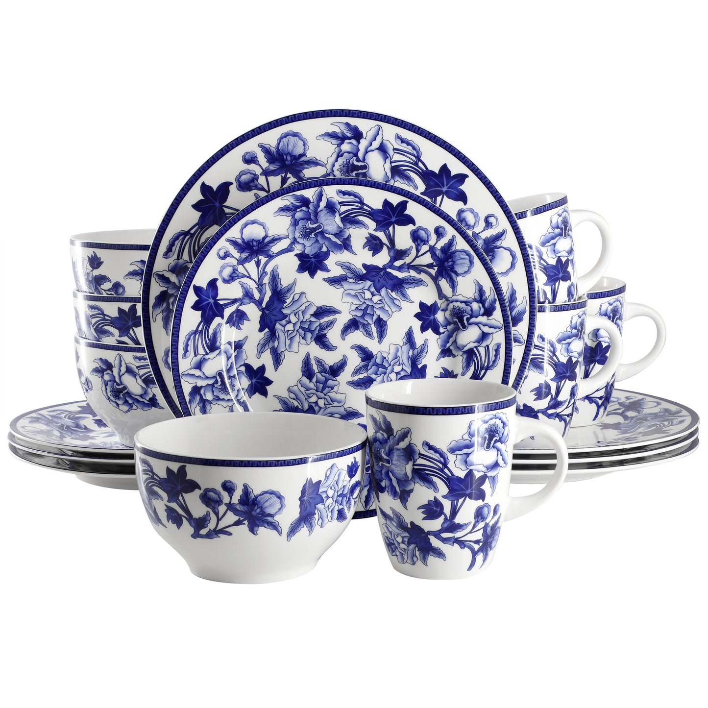Elama Cattleya Orchid 16 Piece Round Porcelain Dinnerware Set Blue & White