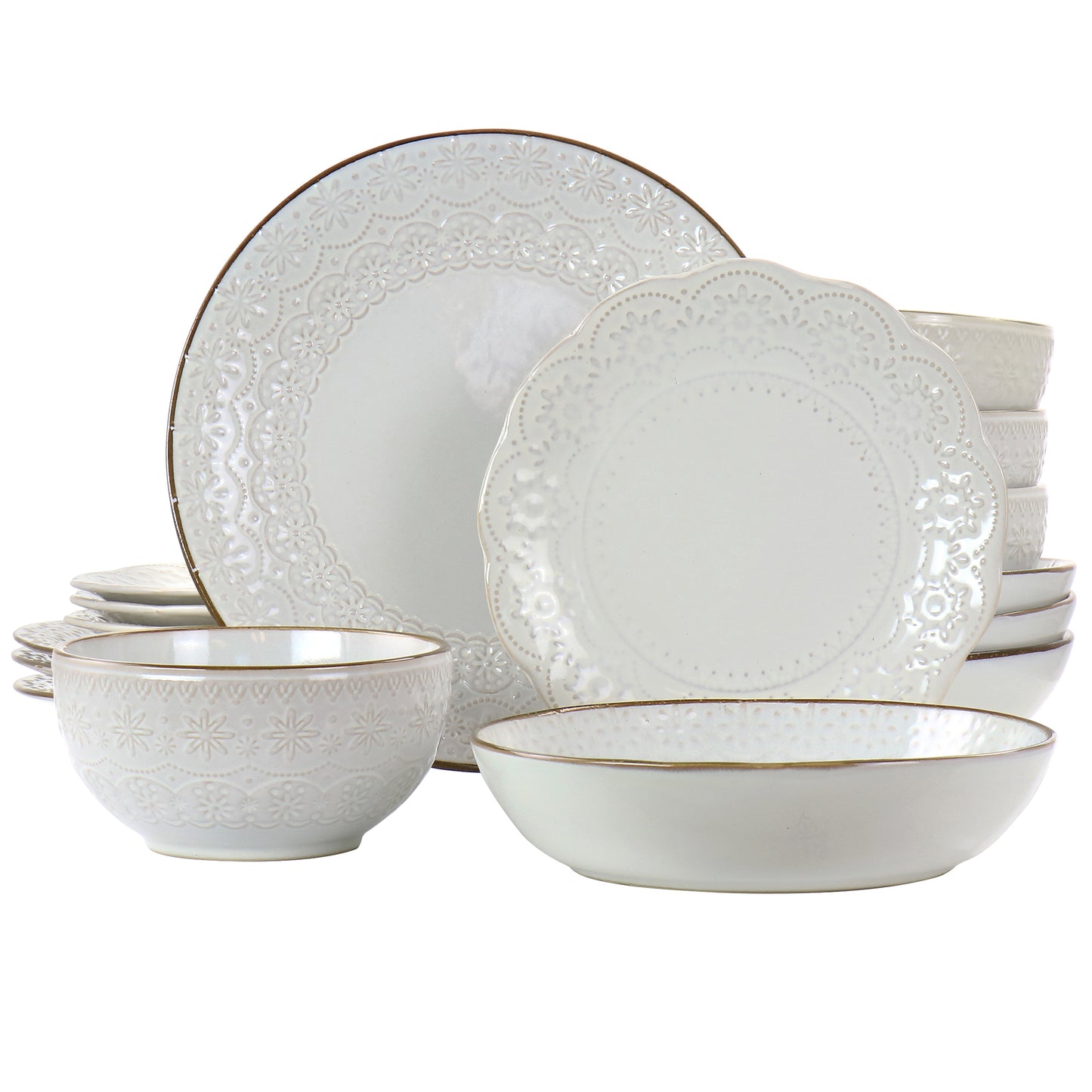Elama Countess 16 pc Embossed Double Bowl Stoneware Dinnerware Set Off-White