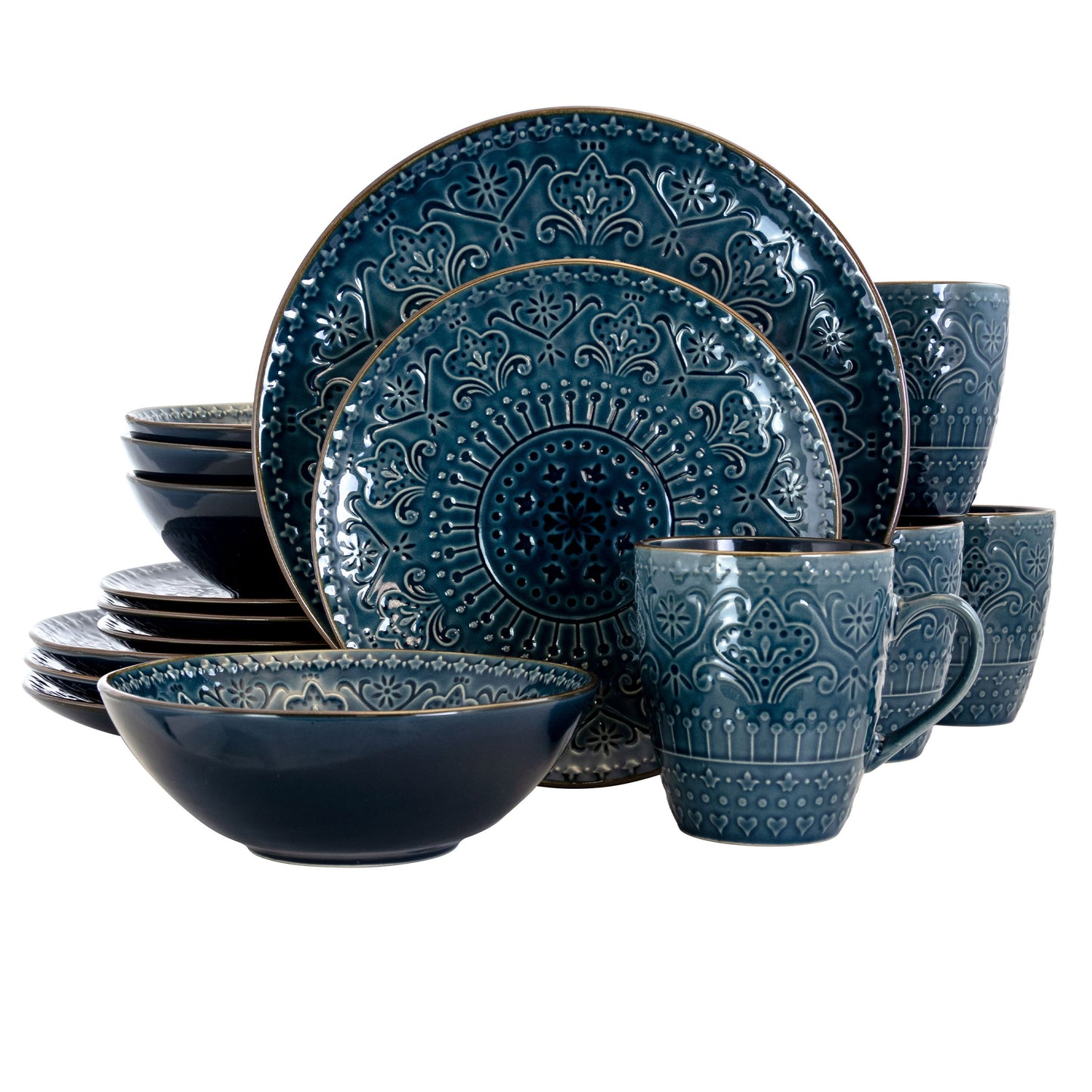 Elama Deep Sea Mozaic 16 Pc Mandala Pattern Complete Stoneware Dinnerware Set 4