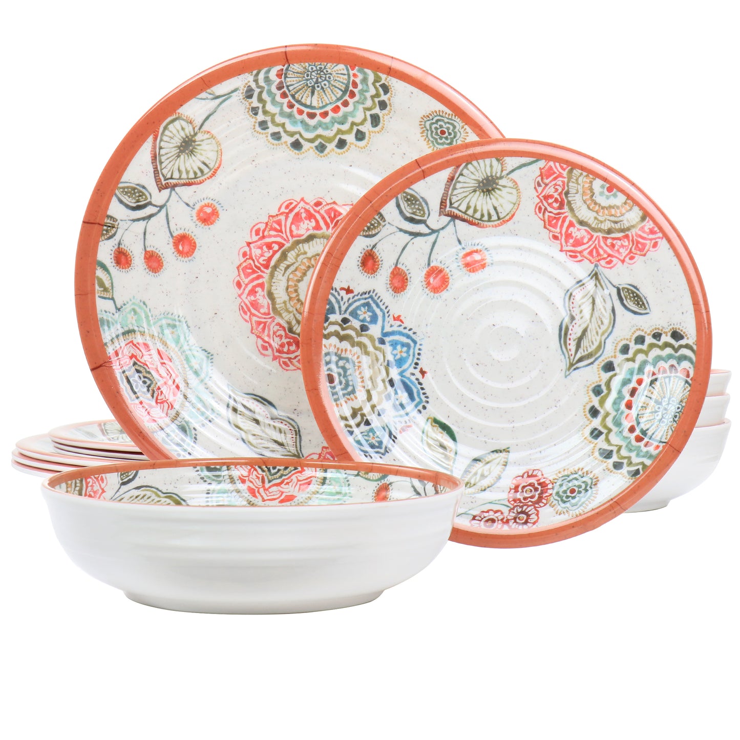 Elama Ester 12 Piece Floral Round Ribbed Multicolor Melamine Dinnerware Dish Set