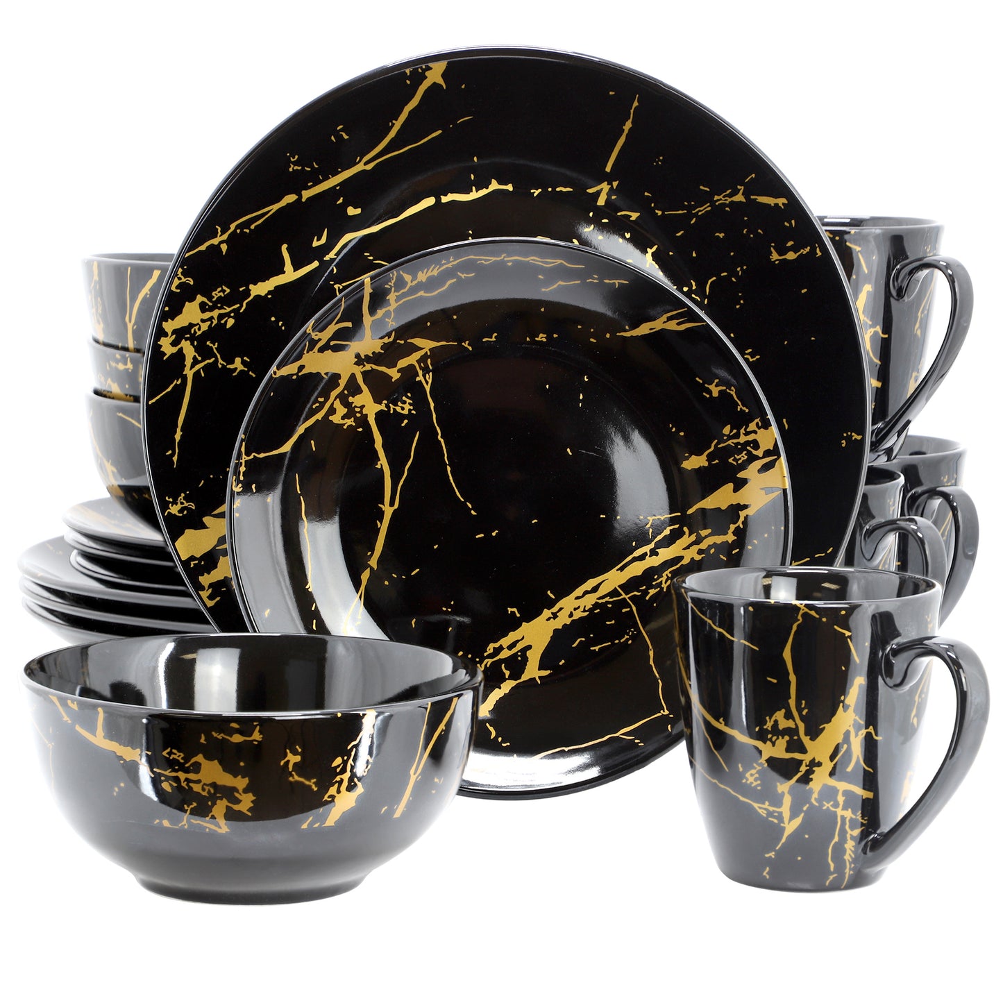 Elama Fine Marble 16 Piece Porcelain Dinnerware Set in Black w Gold Veining