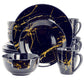Elama Fine Marble 16 Piece Porcelain Dinnerware Set Dark Blue w Gold Veining