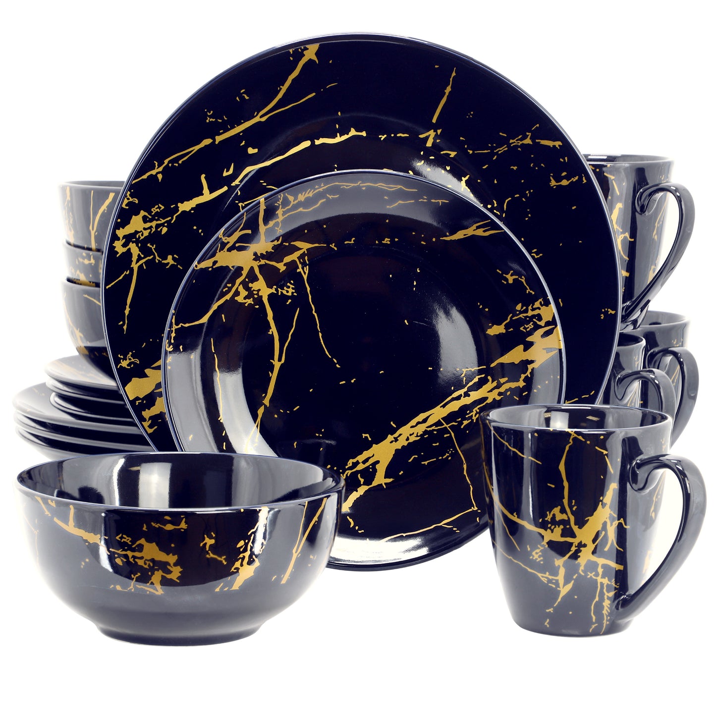 Elama Fine Marble 16 Piece Porcelain Dinnerware Set Dark Blue w Gold Veining