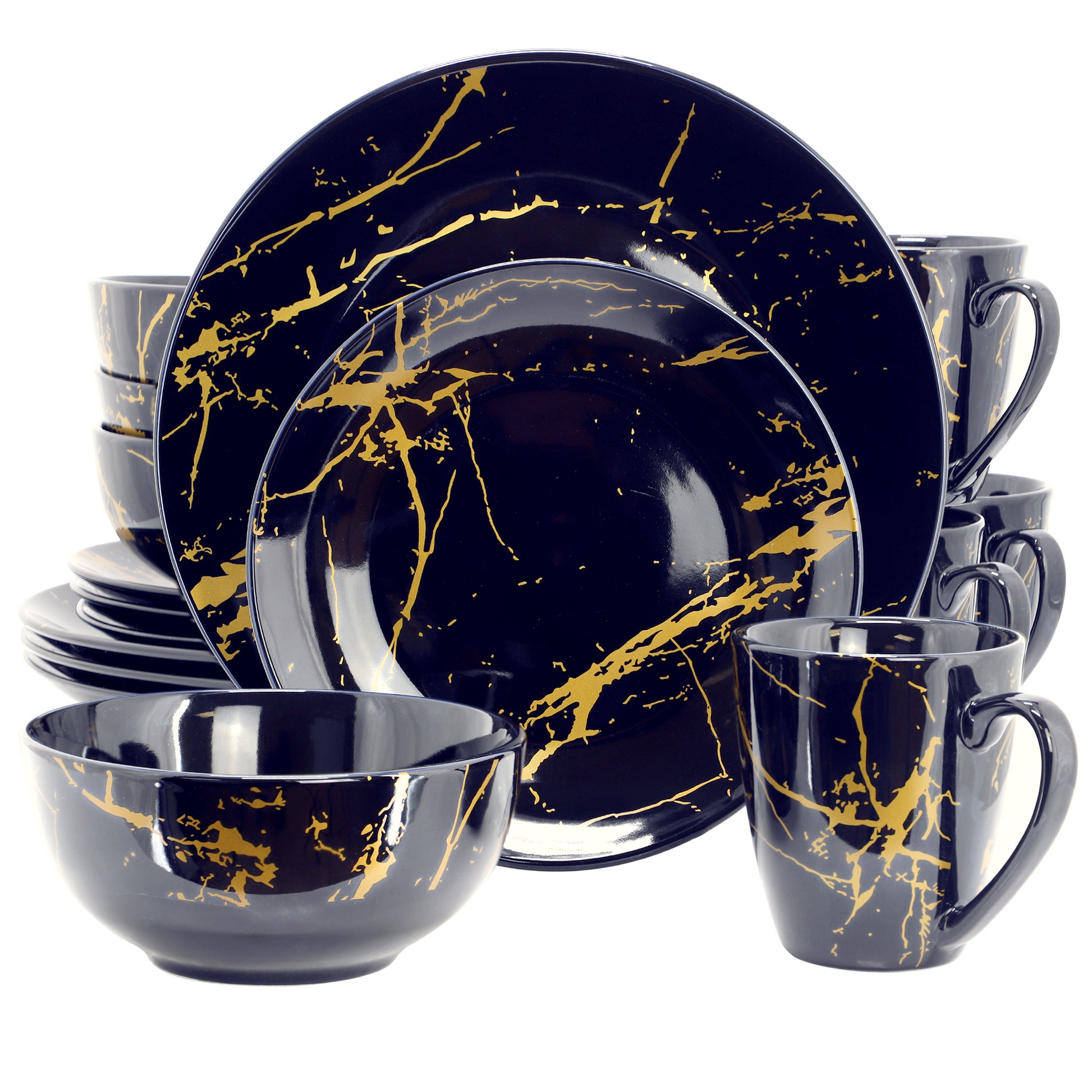 Elama Fine Marble 16 Piece Porcelain Dinnerware Set Dark Blue w Gold Veining