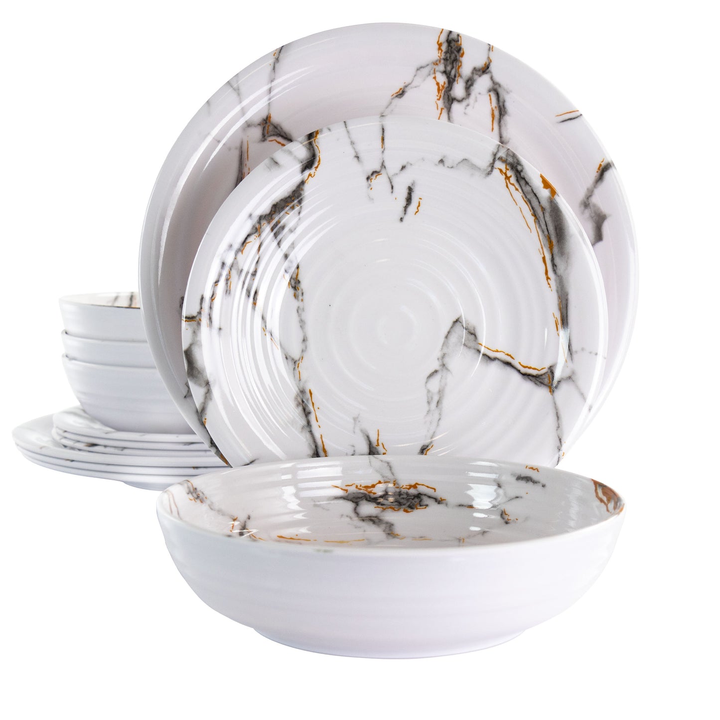 Elama Fine Sculpture White 12 Piece Lightweight Melamine Dinnerware Set for 4