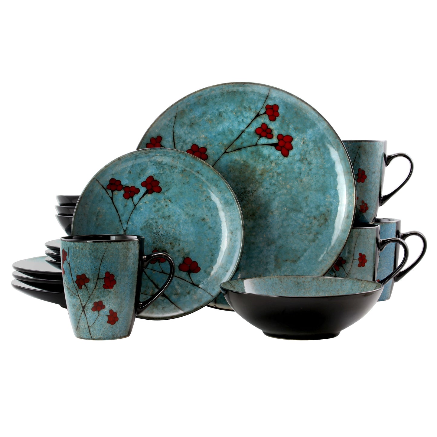 Elama 16 pc Floral Accents Round Blue Stoneware Dinnerware Complete Set for 4