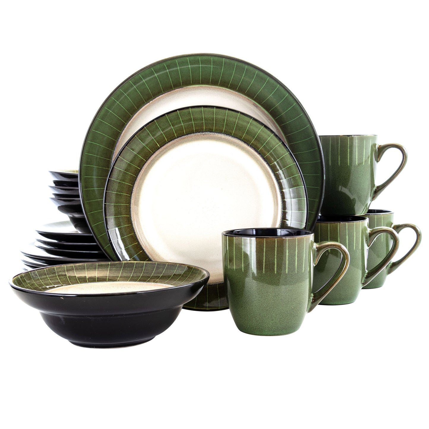 Elama Grand Jade 16 Pc Stoneware Hi Gloss Dinnerware Complete Set for 4 in Green
