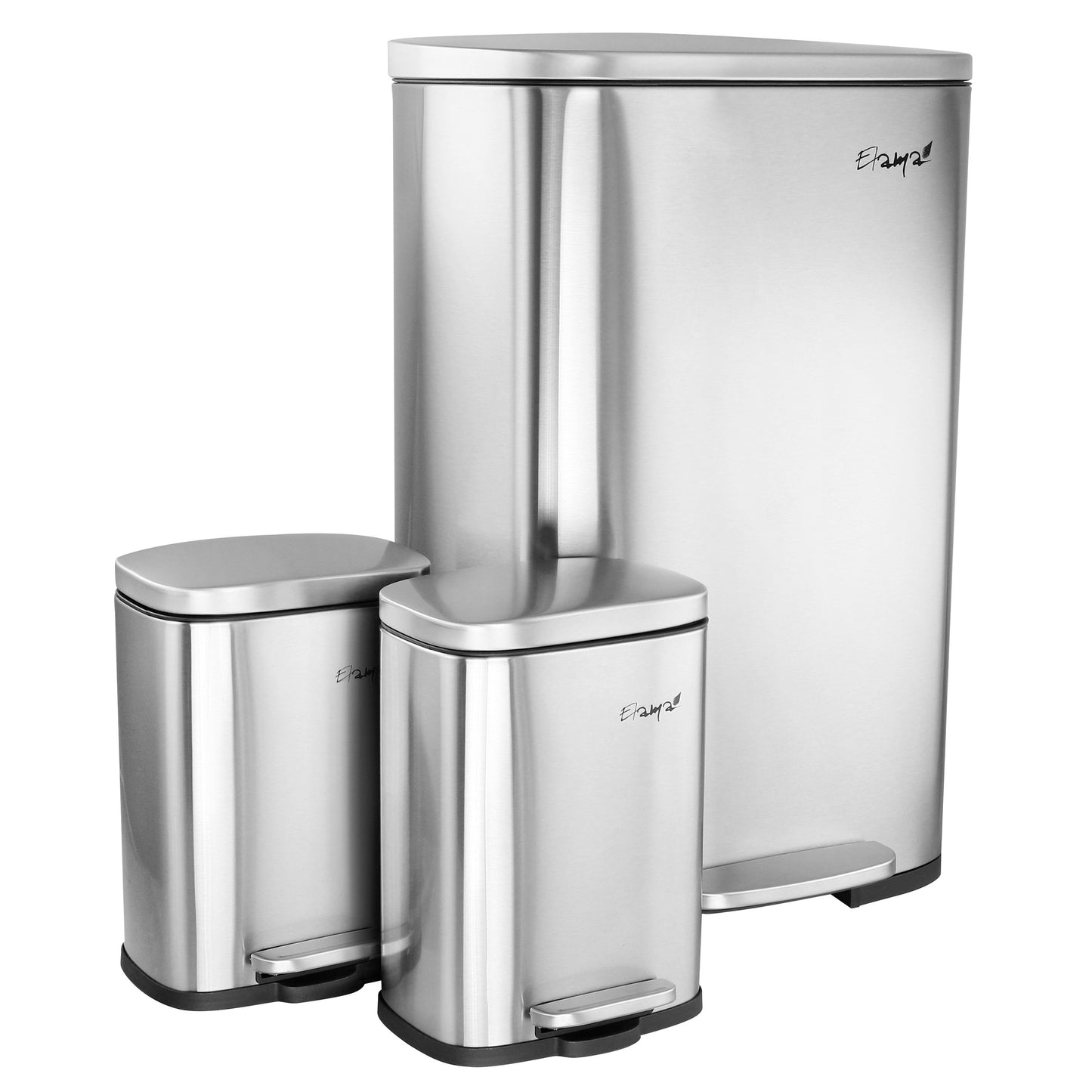 Elama 3 Piece 13 and 1.3 Gal Stainless Steel Step Trash Bin Combo Set Slow Close