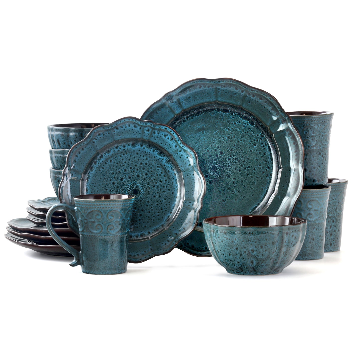 Elama Lavish Blue 16 Piece Glazed Round Complete Dinnerware Dish Set for 4