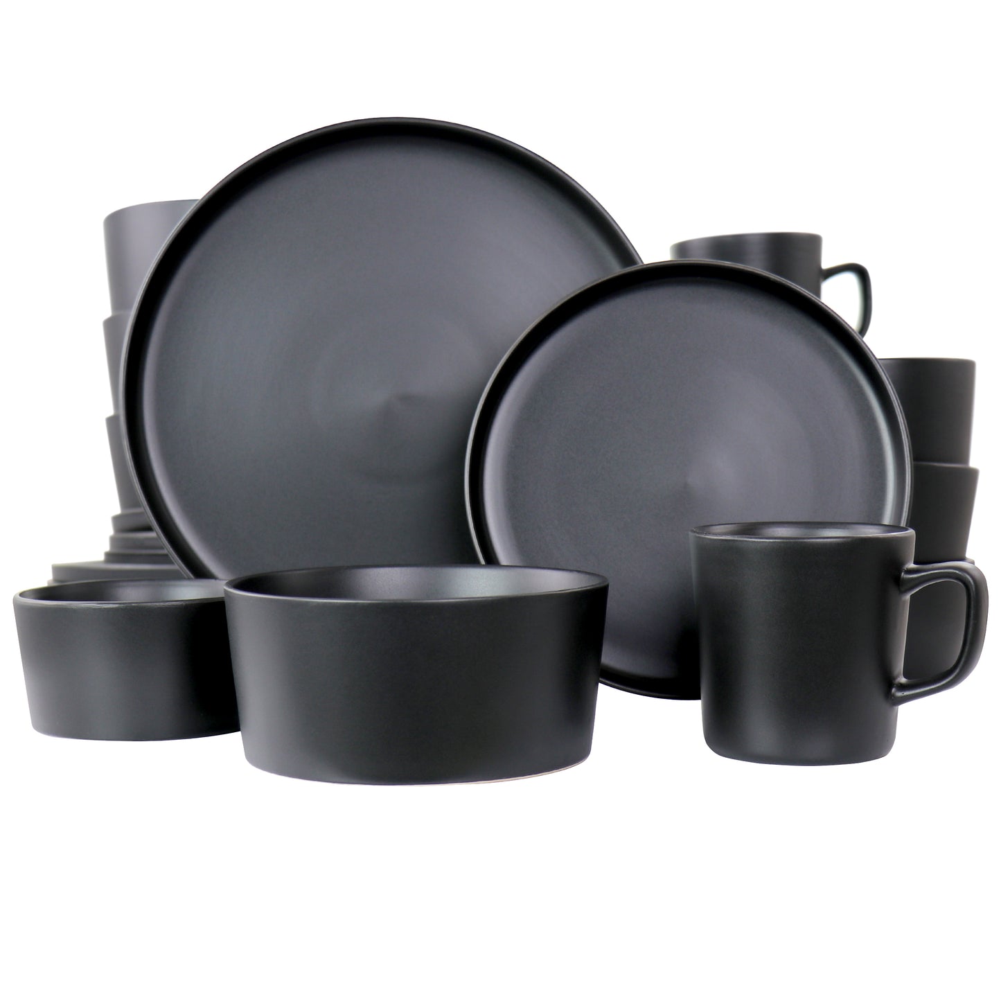 Elama Luxmatte Matte Black 20 Pc Round Double Bowl Stoneware Dinnerware Dish Set