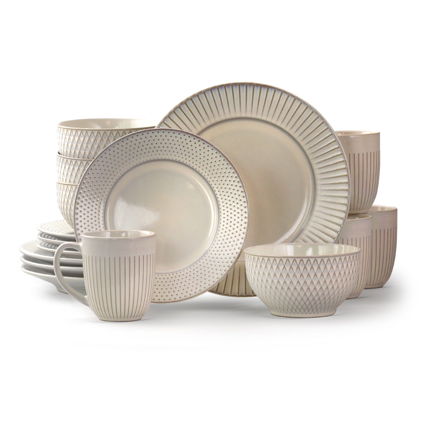 Elama Market Finds 16 Piece Round White Embossed Stoneware Dinnerware Dish Set