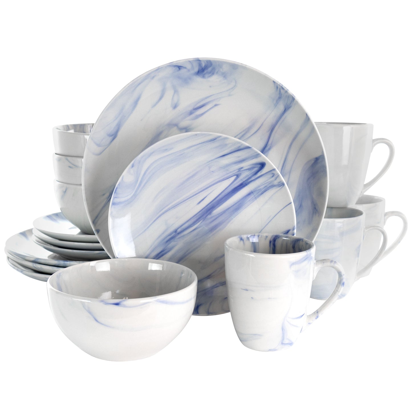 Elama Fine Marble 16 Pc Round Stoneware Dinnerware Set For 4 in Blue and White
