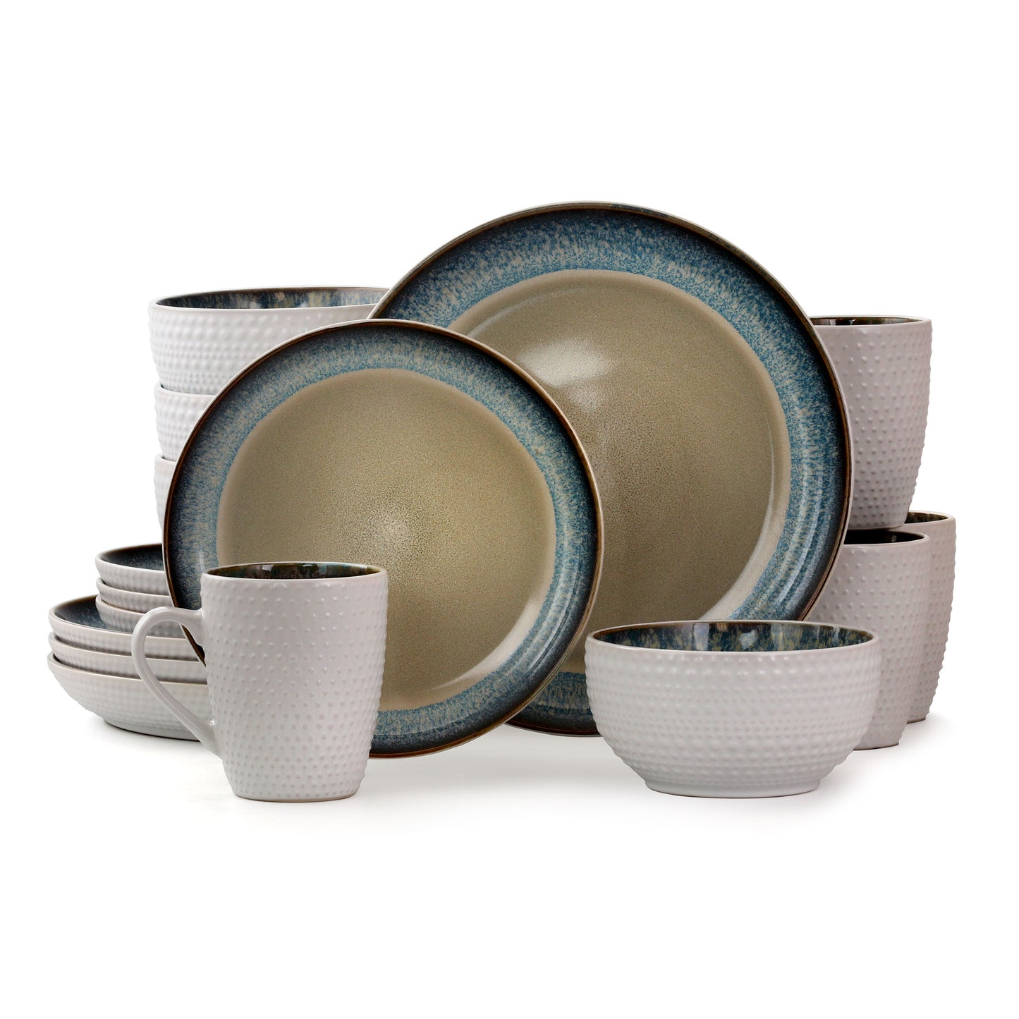 Elama Modern Dot 16 Pc Stoneware Dinnerware Set in Taupe with Blue