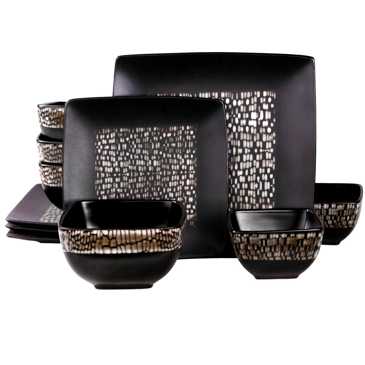 Elama Naina 16 Piece Square Double Bowl Stoneware Gloss Dinnerware Dish Set