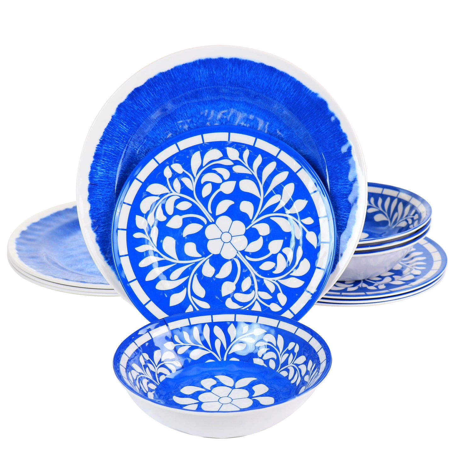 Elama Nelly 12 Piece BLUE Floral Melamine Dinnerware Plate Dish Bowl Set for 4