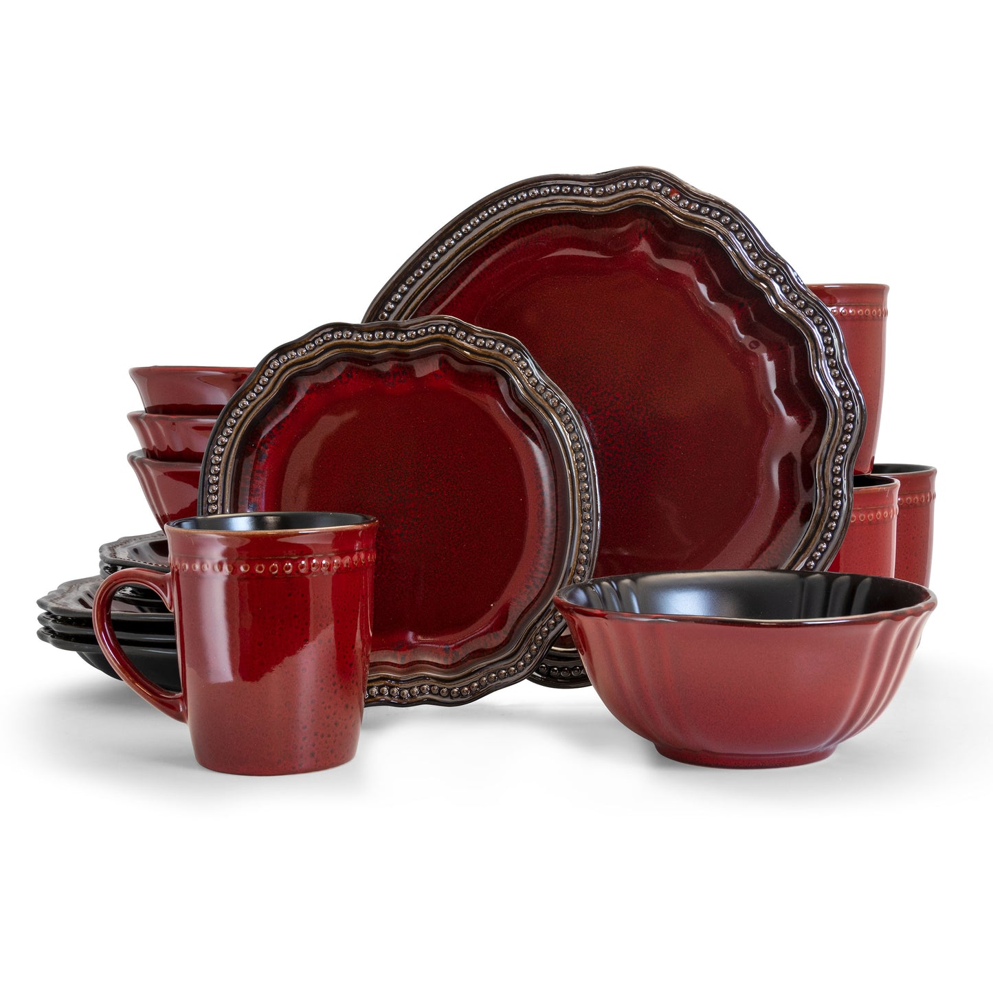 Elama Regency 16 Pc Dark Red Gloss Round Stoneware Dinnerware Dish Complete Set
