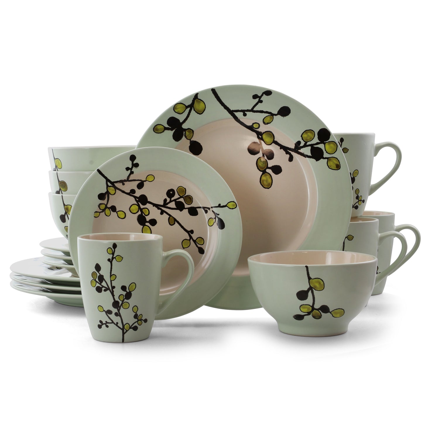 Elama 16 Pc Retro Bloom Round Stoneware Green Olive Pattern Dinnerware Set for 4