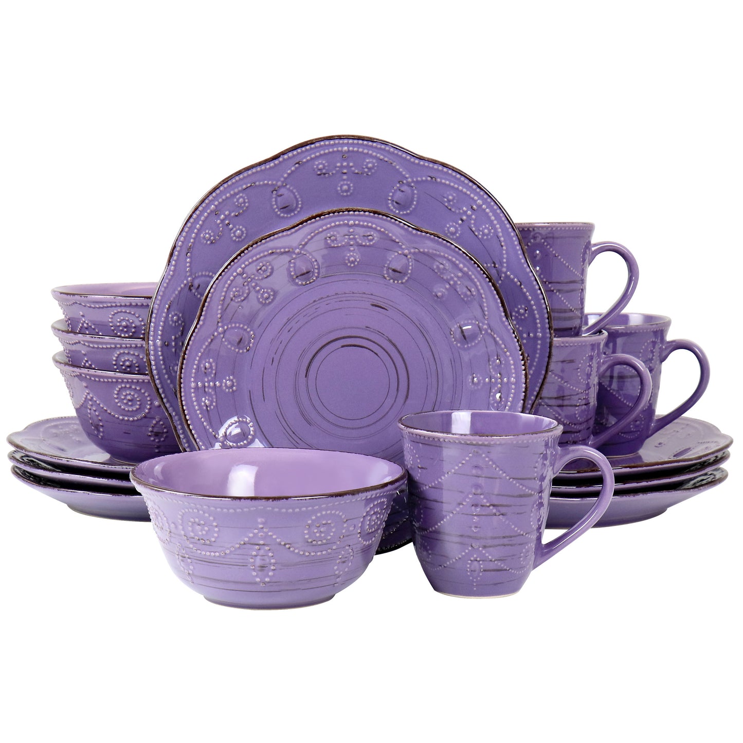 Elama Rustic Birch 16 pc Stoneware Dinnerware Set in Purple