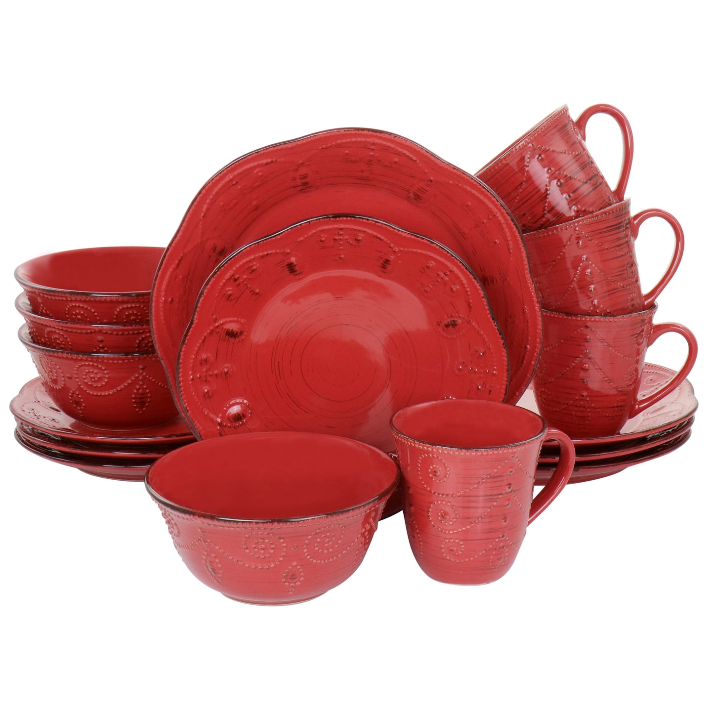 Elama Rustic Birch 16 pc Stoneware Dinnerware Set in Red