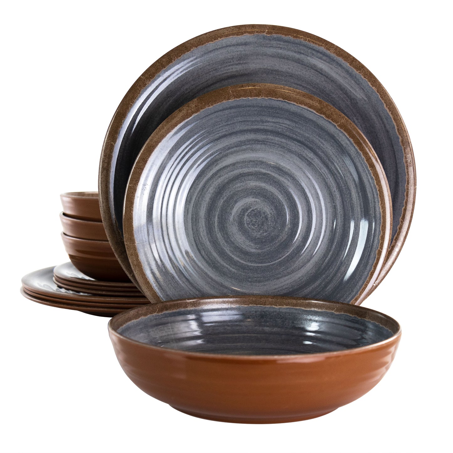 Elama Stone Oak Black Brown Lightweight 12 Pc Melamine Dinnerware Dish Bowl Set