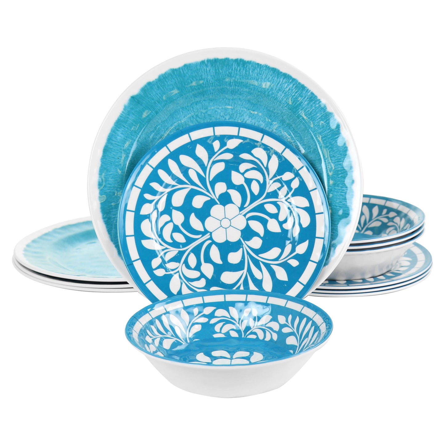 Elama Telly 12 Piece TEAL Floral Melamine Dinnerware Plate Dish Bowl Set for 4
