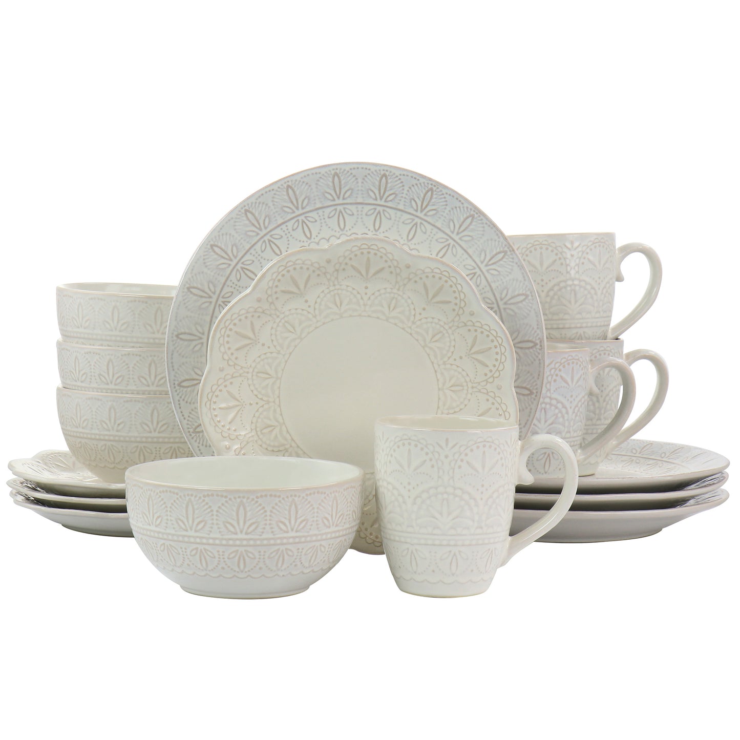 Elama White Lace 16 Pc Round Glazed Embossed Stoneware Complete Dinnerware Set 4