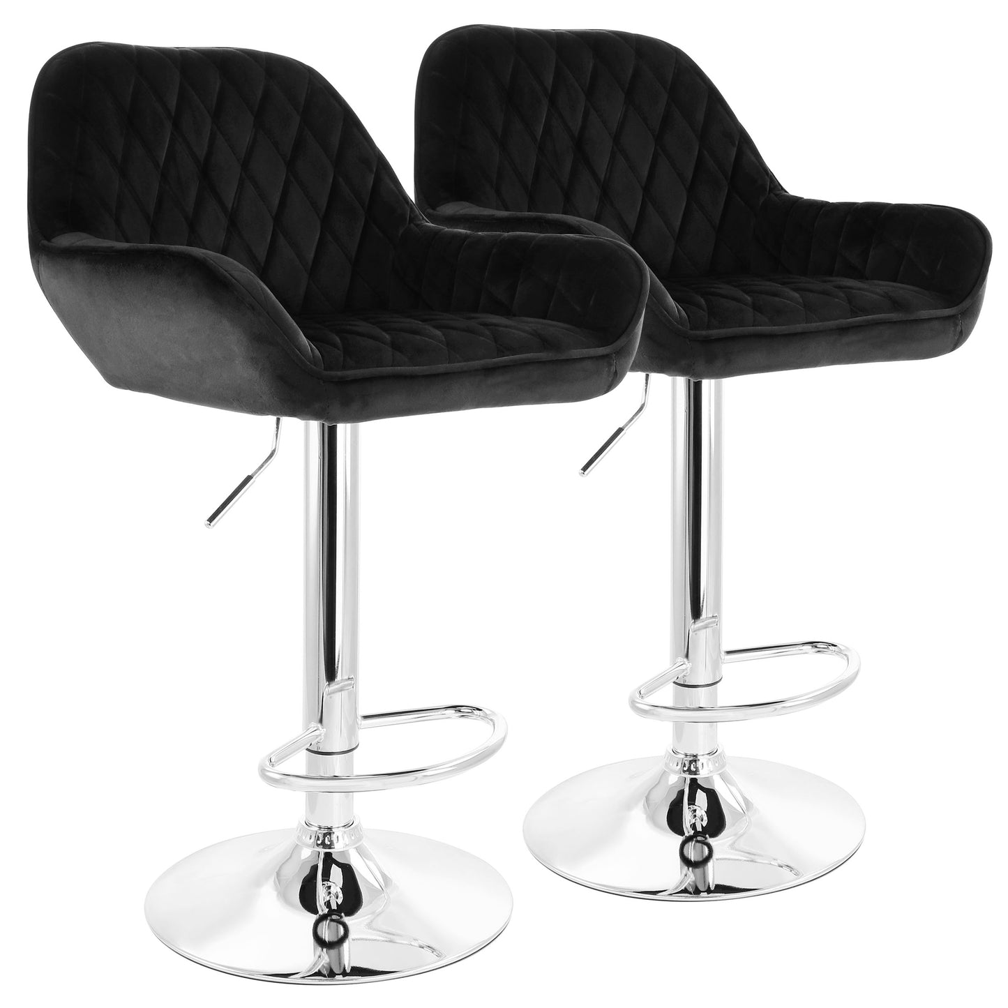 Elama 2 Piece Adjustable Velvet Bar Stools in Black w Chrome Base