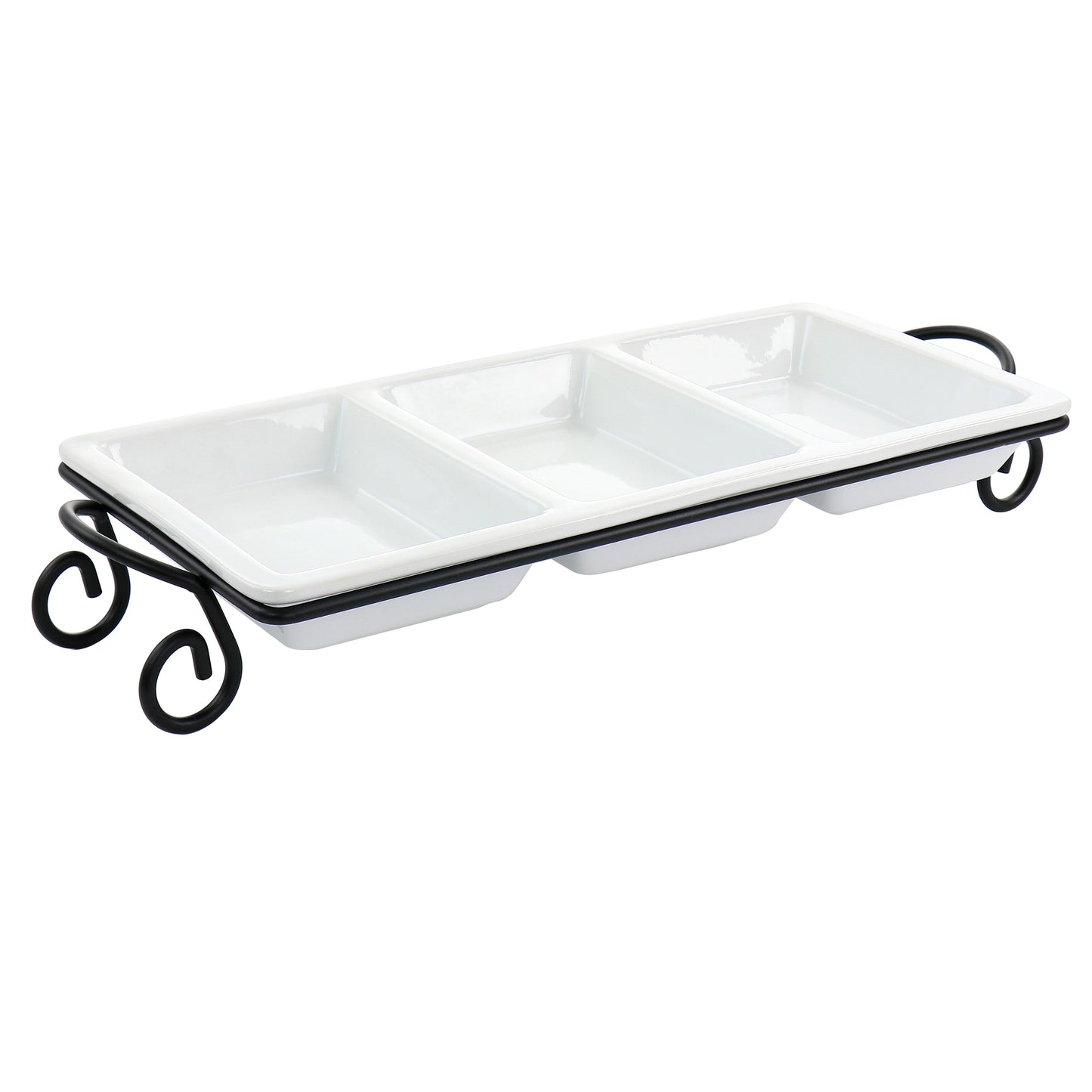 Elama 3 Section White Divided Porcelain Serving Tray w Black Metal Rack Stand