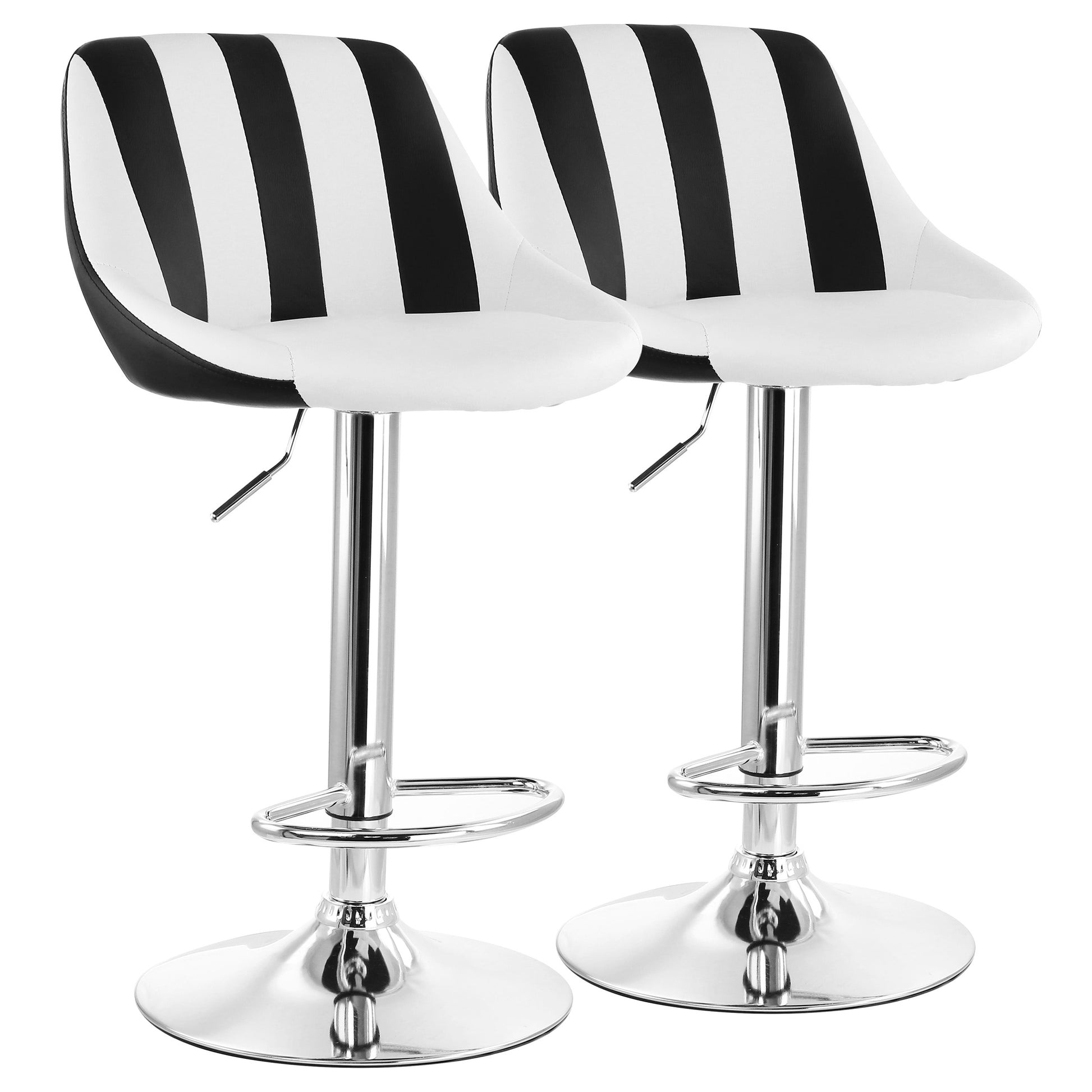 Elama 2 Piece Adjustable Faux Leather Bar Stool in Striped Black & White w Chro