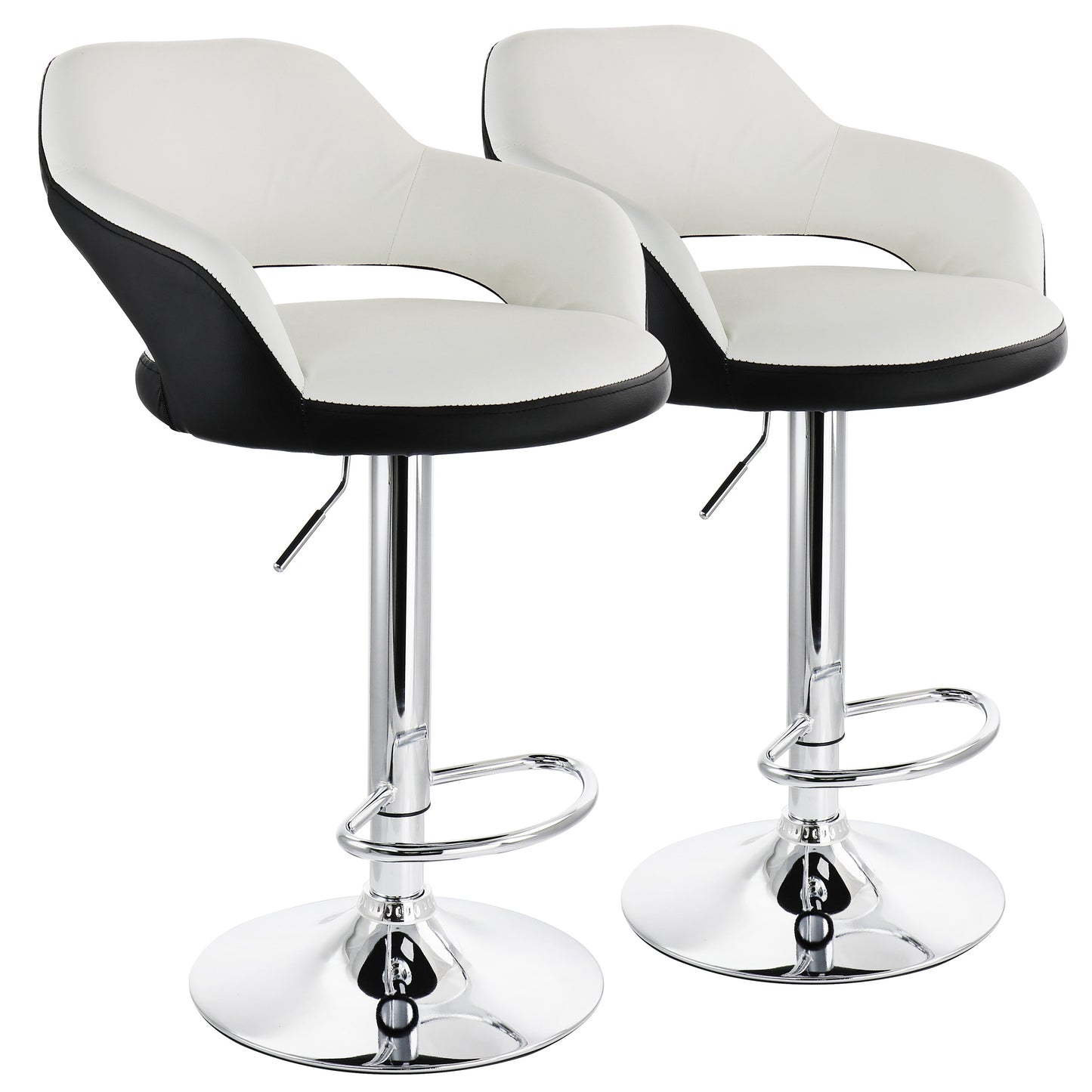 Elama 2 Piece Adjustable Faux Leather Bar Stool in White w Black Trim & Chrome