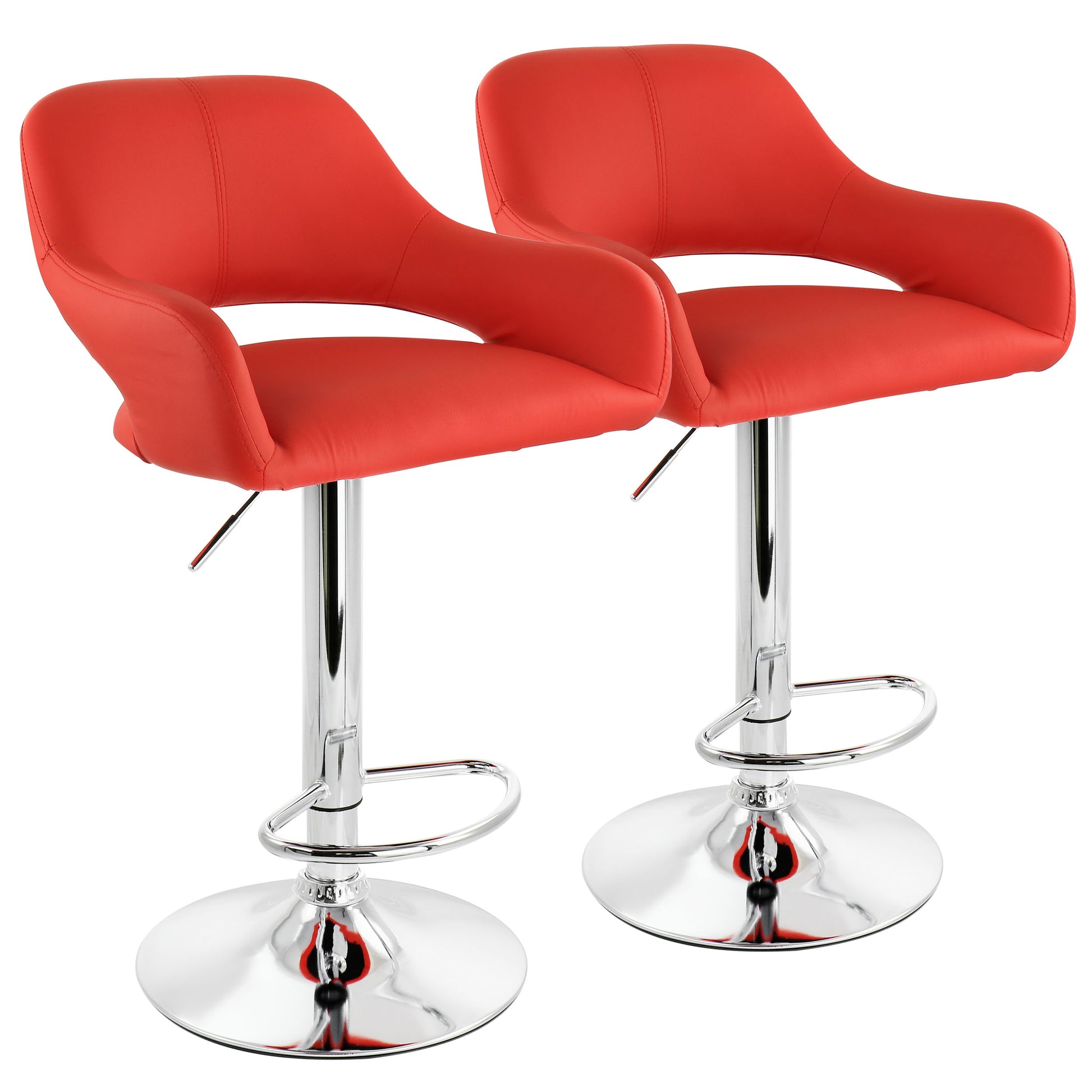 Elama 2 Piece Adjustable Faux Leather Bar Stool in Red w Chrome Base