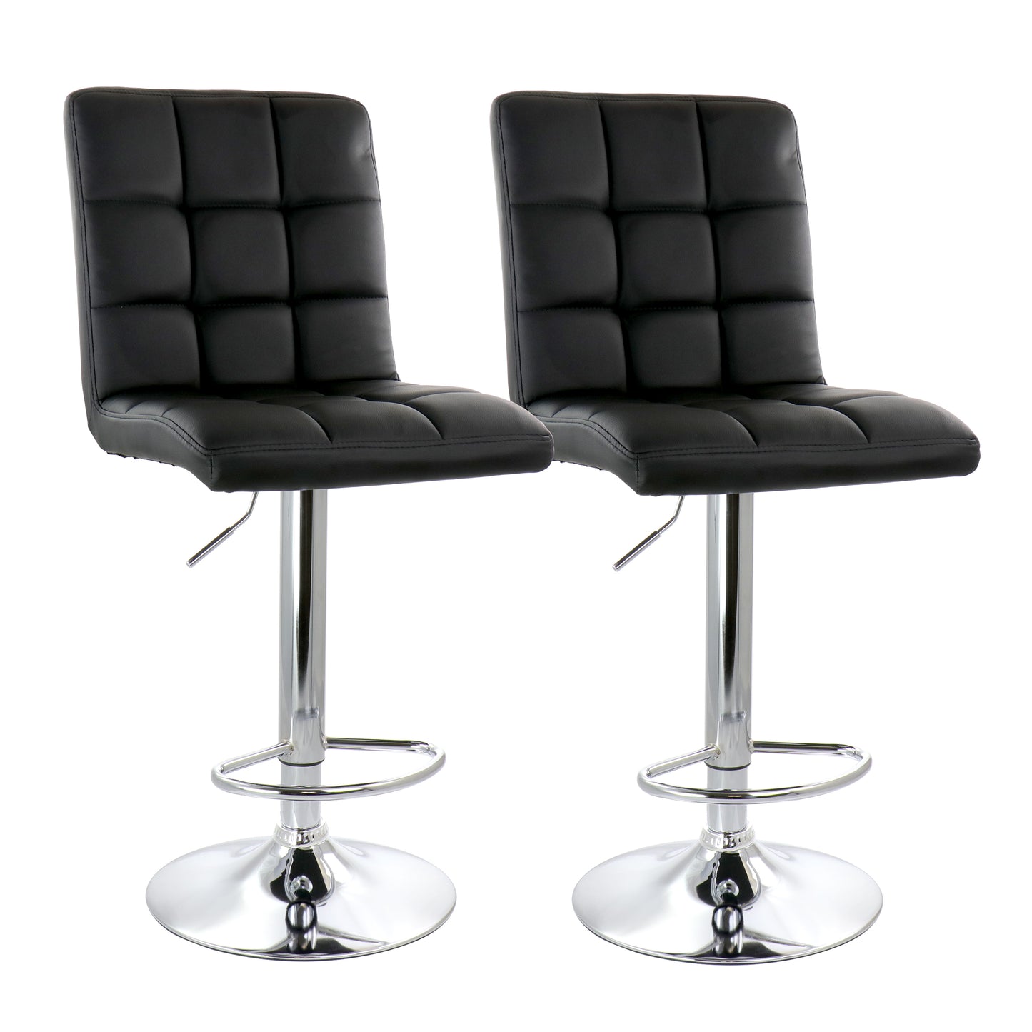 Elama 2 Piece Square Tufted Faux Leather Adjustable Bar Stool in Black w Chrome