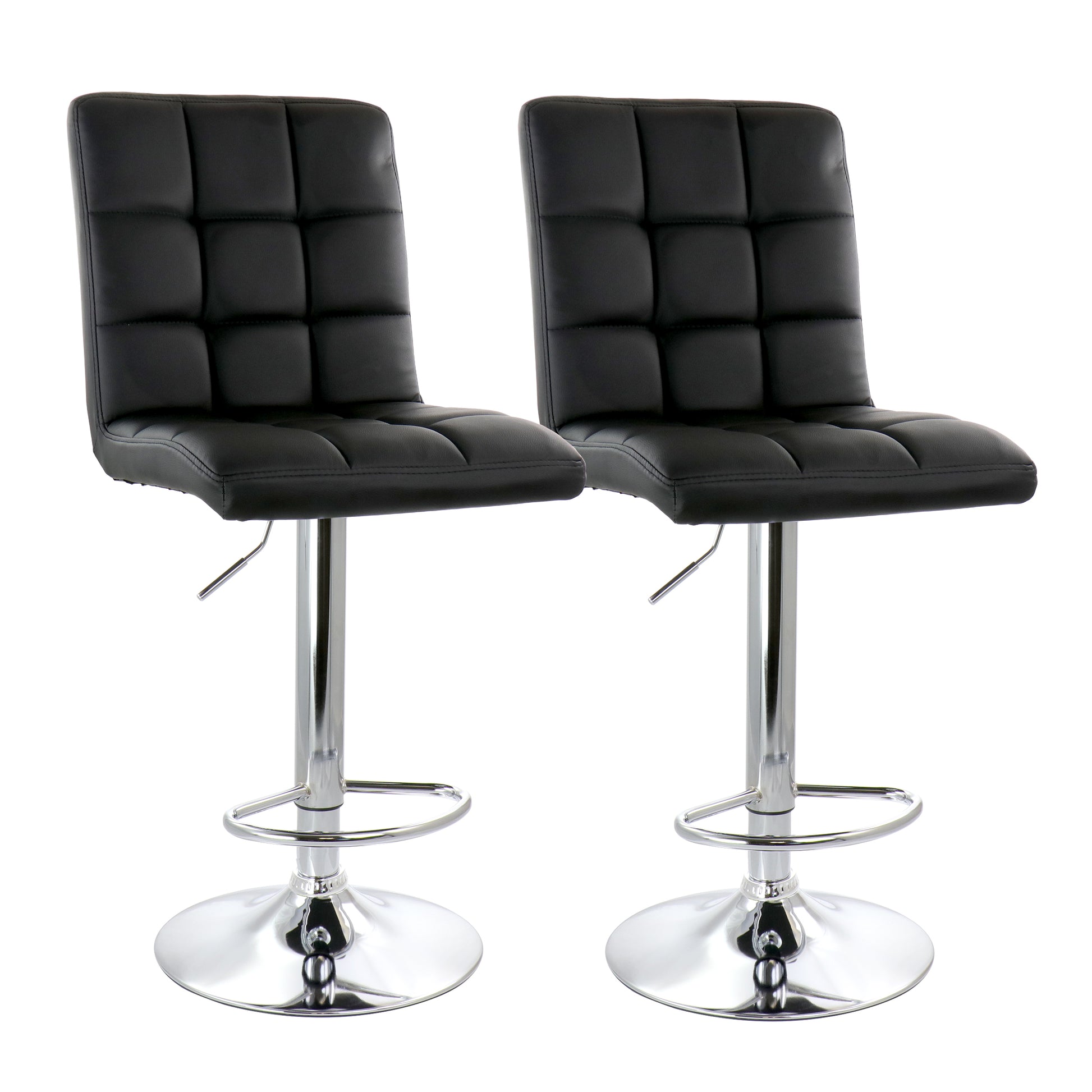 Elama 2 Piece Square Tufted Faux Leather Adjustable Bar Stool in Black w Chrome